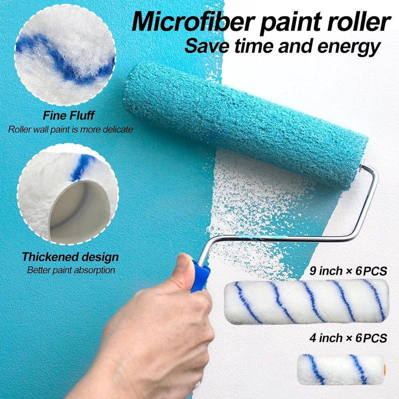 Elefama 31 PCS Paint Roller Kit with Extension Pole 2 to 4 Ft,9"4"Paint Rollers Covers Frame Tray Painters Tape Professional Long Handle Paint Brush Roller Set for Painting Walls House Corner Stain Concrete - Image 4